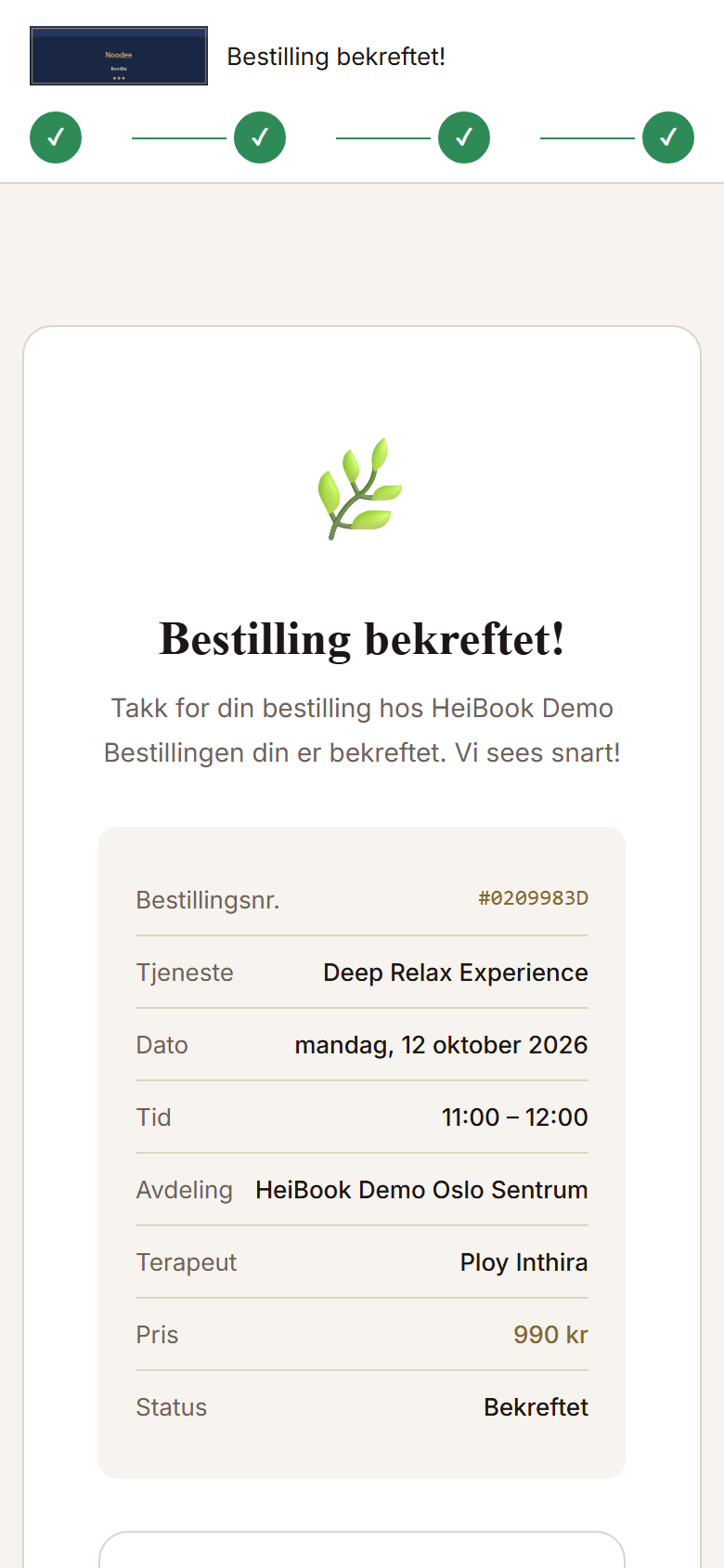 Bekreftelse etter bestilling