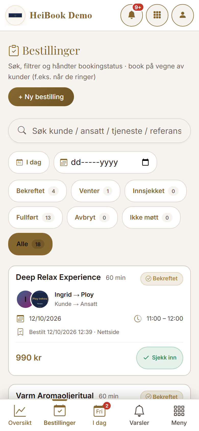 Liste over bookinger på mobil