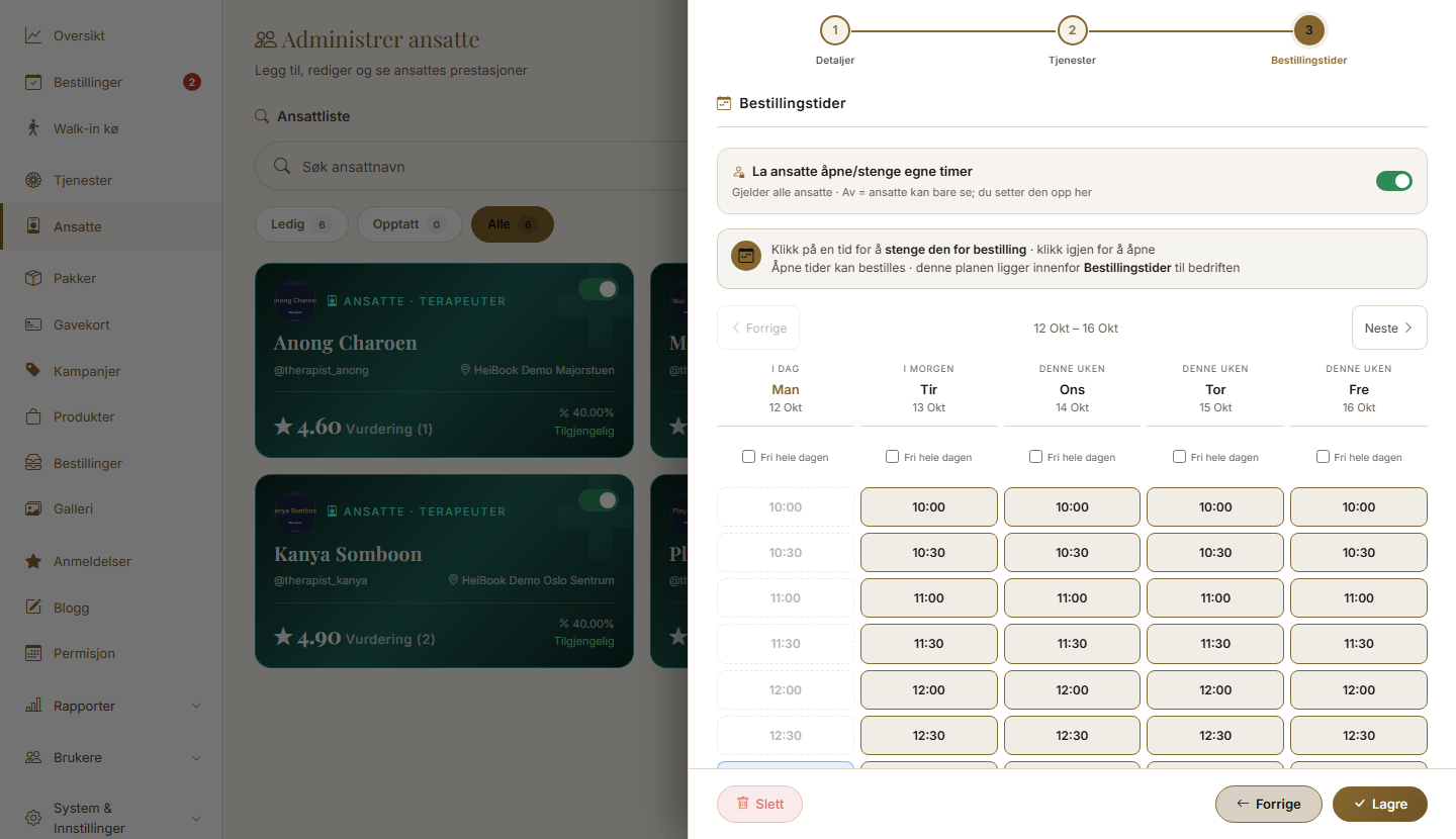 Bestillingstider for en ansatt: dager og klokkeslett